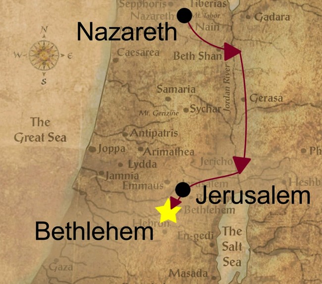Map: Nazareth, Jerusalem, Bethlehem