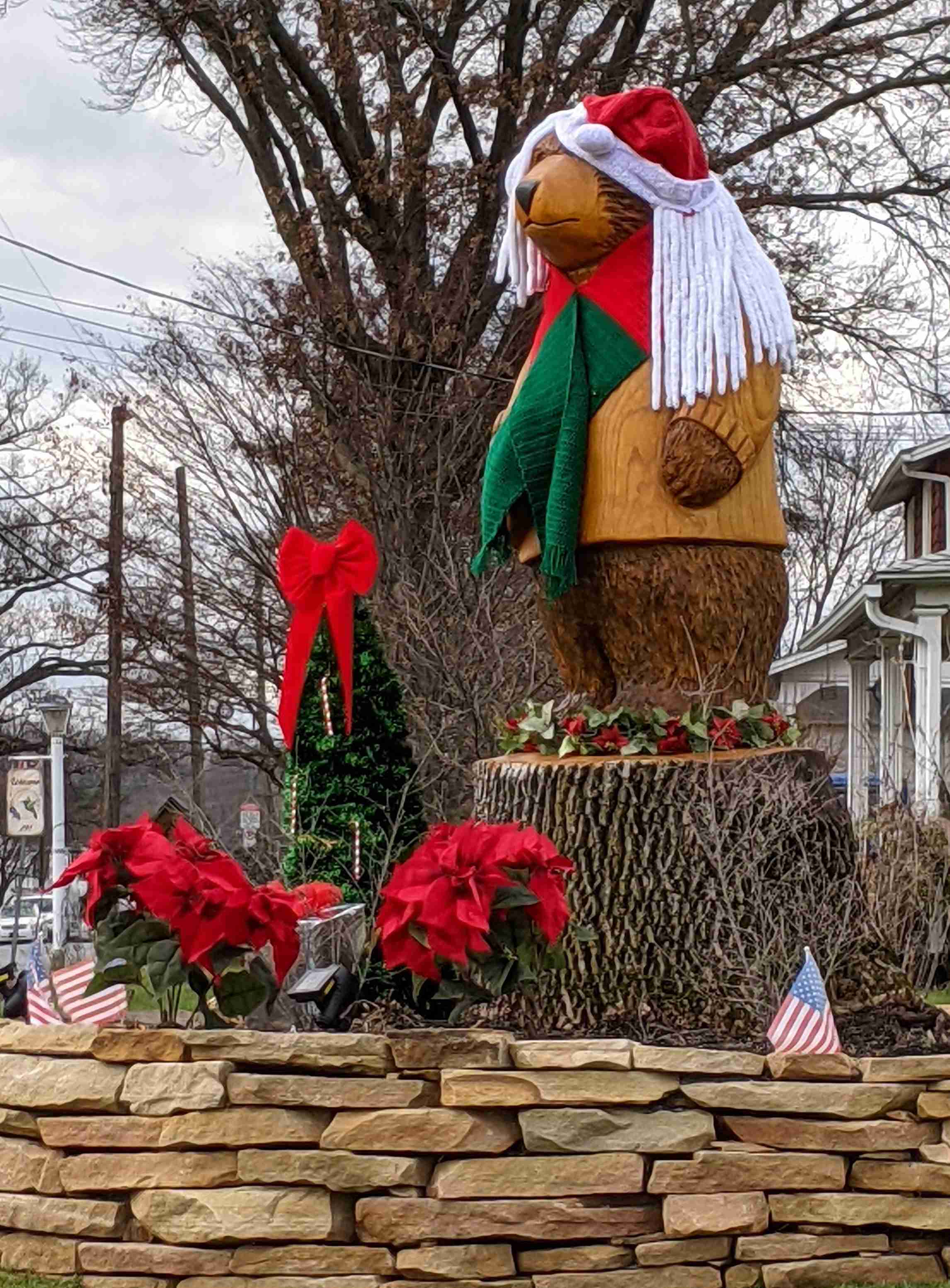 EAHS bear mascot carning at Christmas