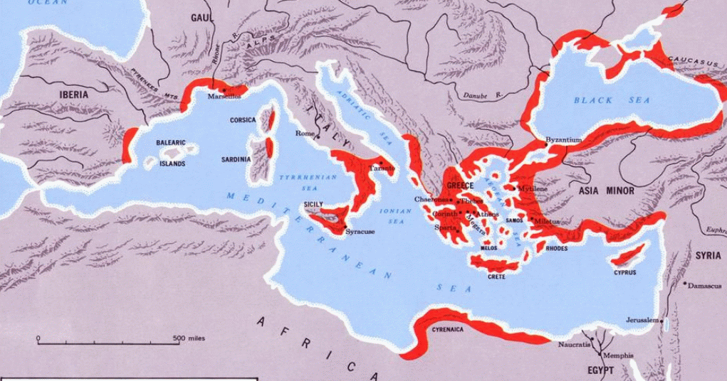 Map of Greece and colonies about 600 BC